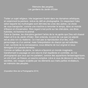 Cette exposition fût présentée lors du mois de la photographie à Equeurdreville (Cotentin) en 2014.Comme un tailleur de pierre, la nature a façonné un monde imaginaire, transformant le paysage en une oeuvre d’art équilibrée et contrôlée. Je n’ai photographié que ceux qui me parlaient, comme des apparitions fantasmagoriques, un clin d’oeil, un frisson, un sourire complice. Libre à vous de découvrir ces formes secrètes, ces visages sculptés par les éléments aux traits parfois révélateurs.
